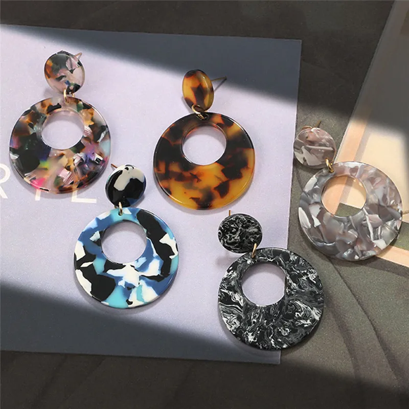 

Fashion Leopard Clear Big Circle Earrings Jewelry Resin Acrylic Marble Texture Waterdrop Dangle Earrings