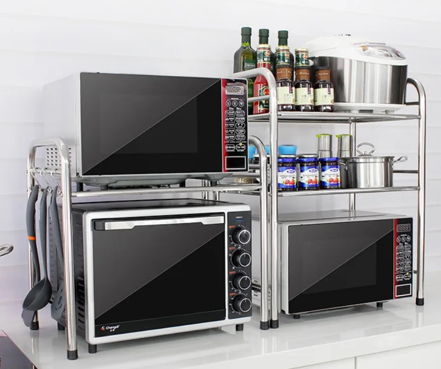 

Stainless Steel 2Tier Multi-function Kitchen Storage Shelf Table Rack Microwave Oven Rack Shelf organizer 35x50x52-70cm B508