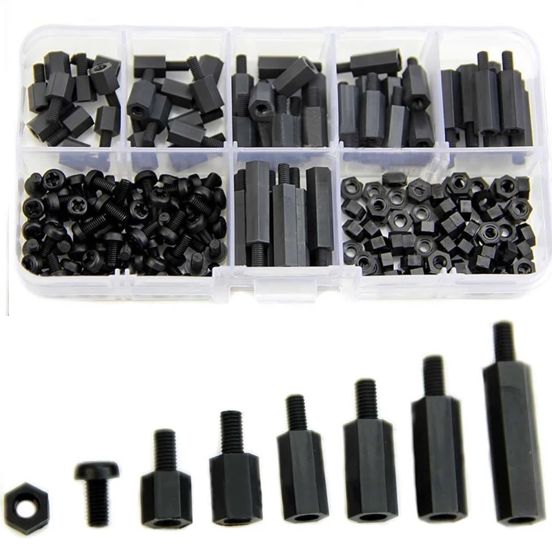 

2019 Hot Selling 180Pcs M3 Nylon Black M-F Hex Spacers Screw Nut Assortment Kit Stand off Set Box