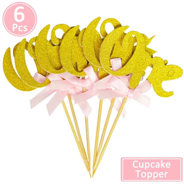 First Birthday One Cupcake Topper 1st Years Boy Girl DIY Party Decorations 1 Year Old Baby Birthday Decor Kids 6pcs gold pink one