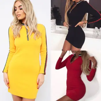 

2018 New Spring Fits Women Dresses Zipper Style Long Sleeve Sweatdress Pockets O-Neck Slim Mini Dress