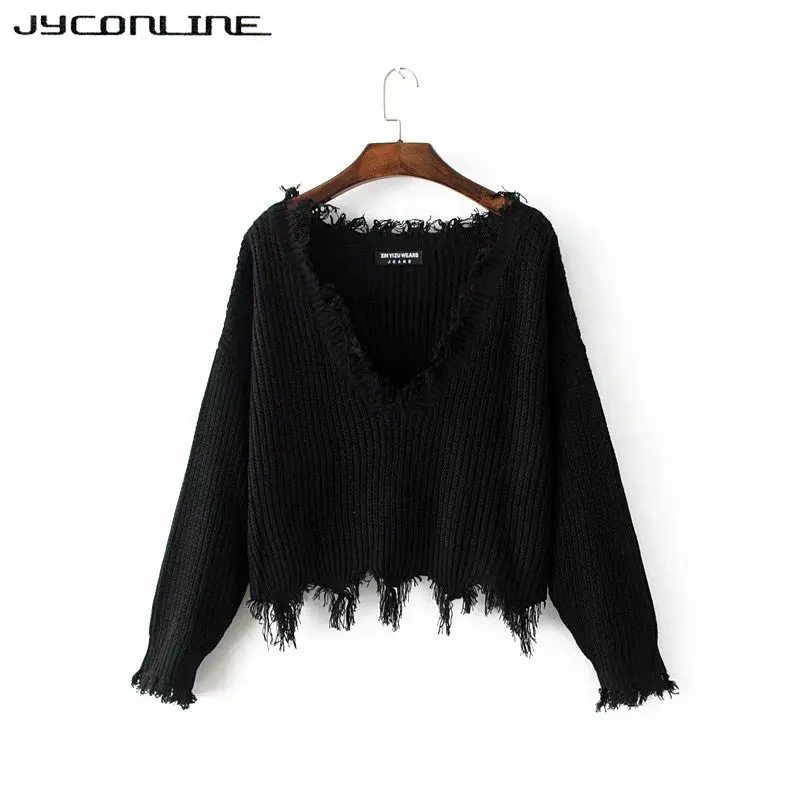 JYConline Sexy Knitted Sweater Women Jumper Black White V-neck Ripped Pullover Sweater Pull Femme Oversized Sweater Knitwear Top