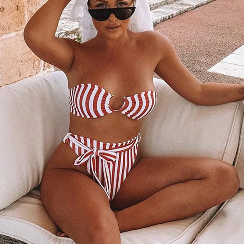 

Striped Bandeau High Waist Bikini 2019 Female Tube Swimsuit Women Sexy Brazilian Swimwear Push up Bikini set Bather Bathing Suit