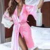 Szlafrok ночное белье халат Женское сексуальное шелковое кимоно Babydoll кружевное белье Пояс банный халат ночная сорочка Бата - Цвет: Pink