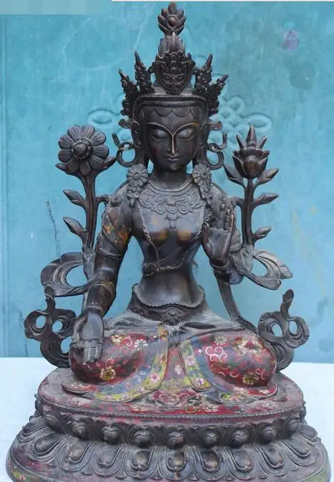 

19" Tibet Bronze Cloisonne Enamel 7 Eyes Kwan-yin Tara God Buddha Statue