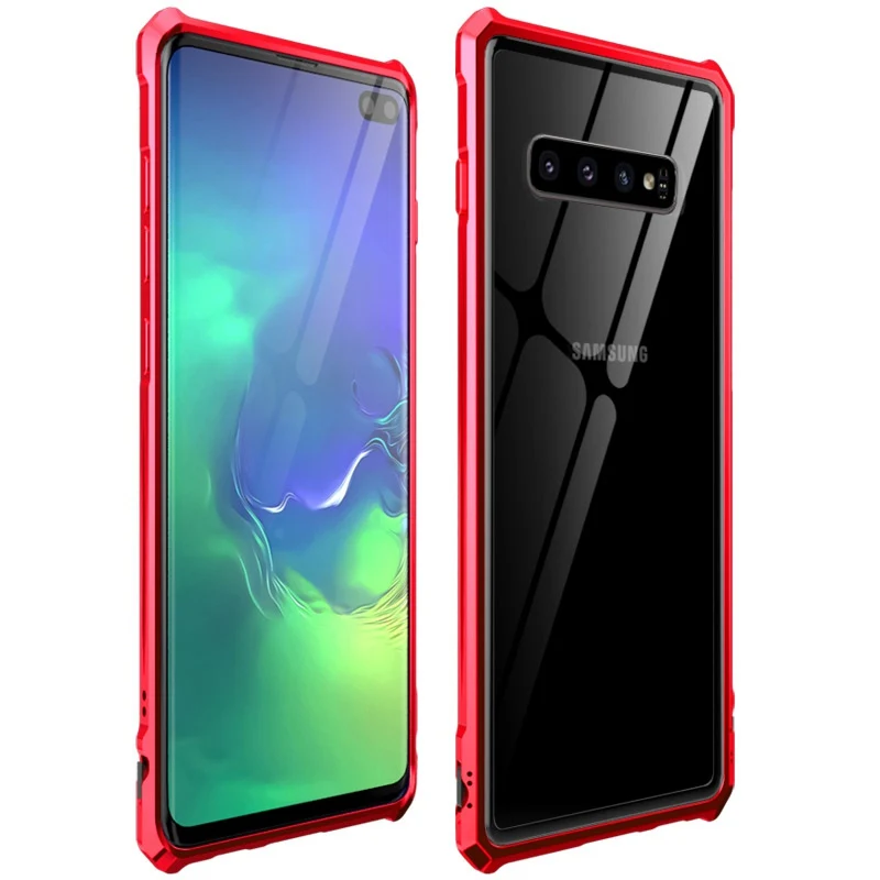 Алюминиевый металлический чехол с пластиковой пряжкой для samsung Galaxy S10 S10e S10 Plus Note 10 Plus 10+ гибридное прозрачное закаленное стекло - Цвет: Red