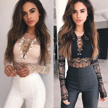 

US New Women Sexy String Cross Long Sleeve Lace Bodysuit 2017 Fashion Ladies Summer High Quality Club Wear Bodycon Tops Clothes