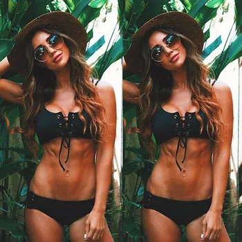 

Black Front Cross Line Bandeau Bikini Set Padded Push Up Cute Mini Womens Swimwear Top Self Side Tie Thong Brazilian Swimsuis XL