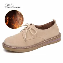 Hosteven Women Shoes Casual Sneakers Flats Moccasins Genuine Leather Oxford Plush Mother Girls Fashion Warm Winter