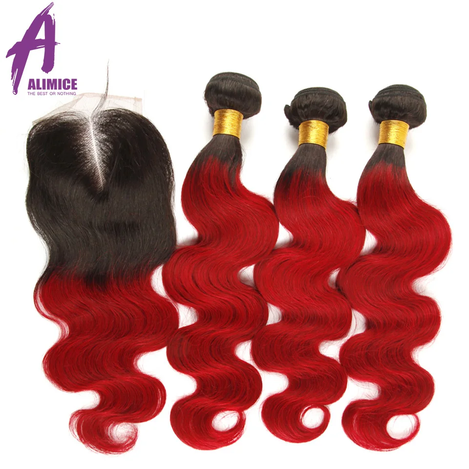 

Alimice Ombre Bundles With Closure Brazilian Body Wave 3 Bundles With Closure 1B/Red Colored Ombre Human Hair Weaves Bundles