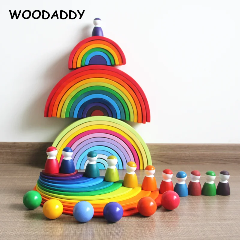 Goede WOODADDY 12 Pcs Regenboog Blokken Halve Cirkel Board Simulatie Peg Pop Houten Speelgoed Voor Kinderen Regenboog Ballen Educatief Speelgoed Gift