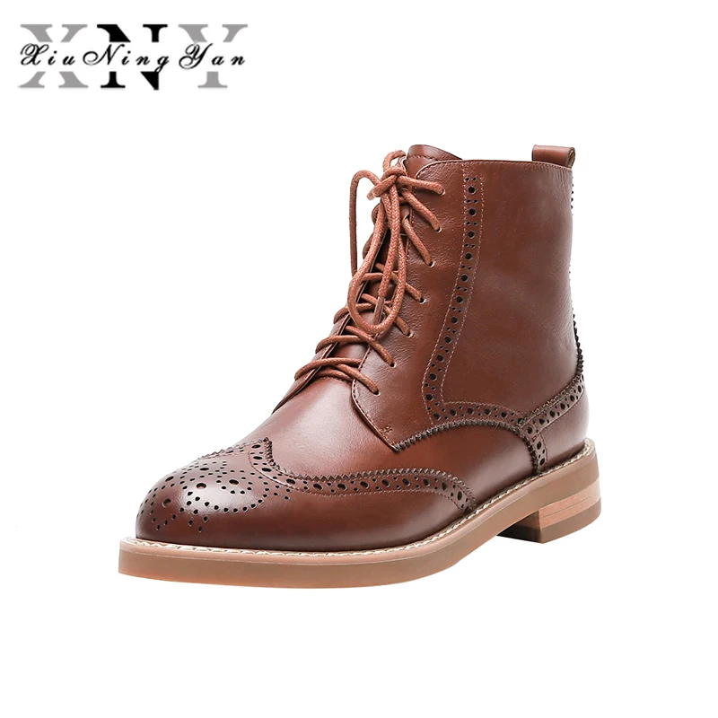 

Block Martin Boots Women Genuine Leather Ankle Boots Square Heel Round Toe Lace Up Brogue Style Fashion Black Botas Ladies Shoes