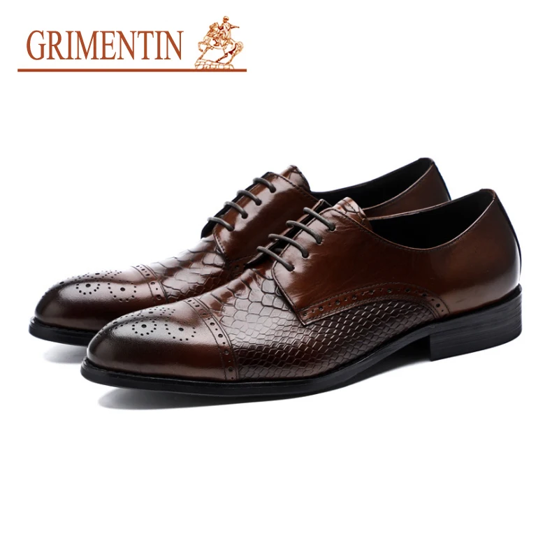 

GRIMENTIN Mens dress shoes fashion Snakeskin grain leather oxford shoes Italian genuine leather formal business male shoes new