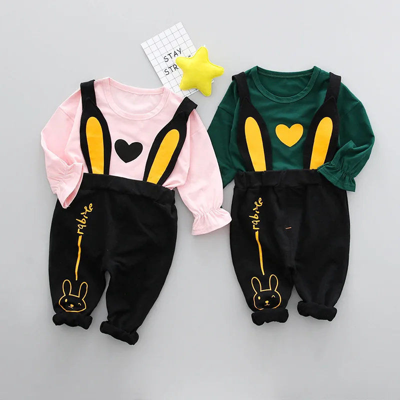 

2018 New Baby Boy Girls Clothing Sets Spring Autumn Baby Casual Cartoon Lovely Rabbit Two-piece Strap Kids Clothes Suits