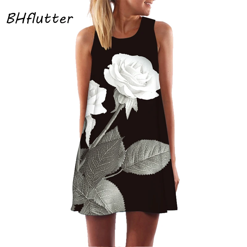 BHflutter النساء اللباس 2018 جديد وصول روز طباعة أكمام فستان صيفي يا الرقبة عارضة فضفاض البسيطة فساتين الشيفون Vestidos