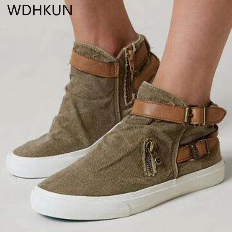 

WDHKUN High top Canvas shoes for Women Big size 41-43 Fashion Zipper Denim Shoe Girls Sneakers 2019 Spring/Autumn Strap