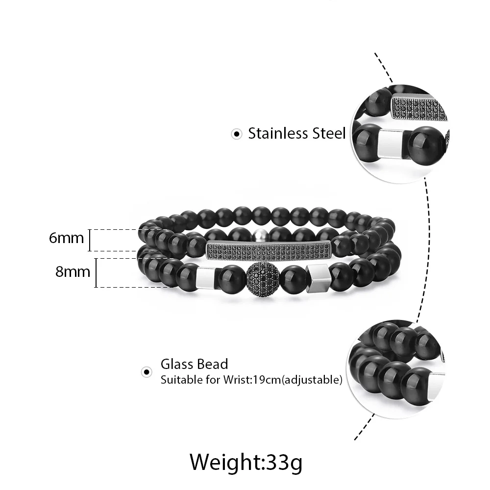 Mix 2 шт./компл. натуральный Стекло бусины покрытием CZ Браслеты для мужчин и женщин, браслет с черными бусинами, 6 мм, 8 мм, ювелирное изделие, подарок DBM59
