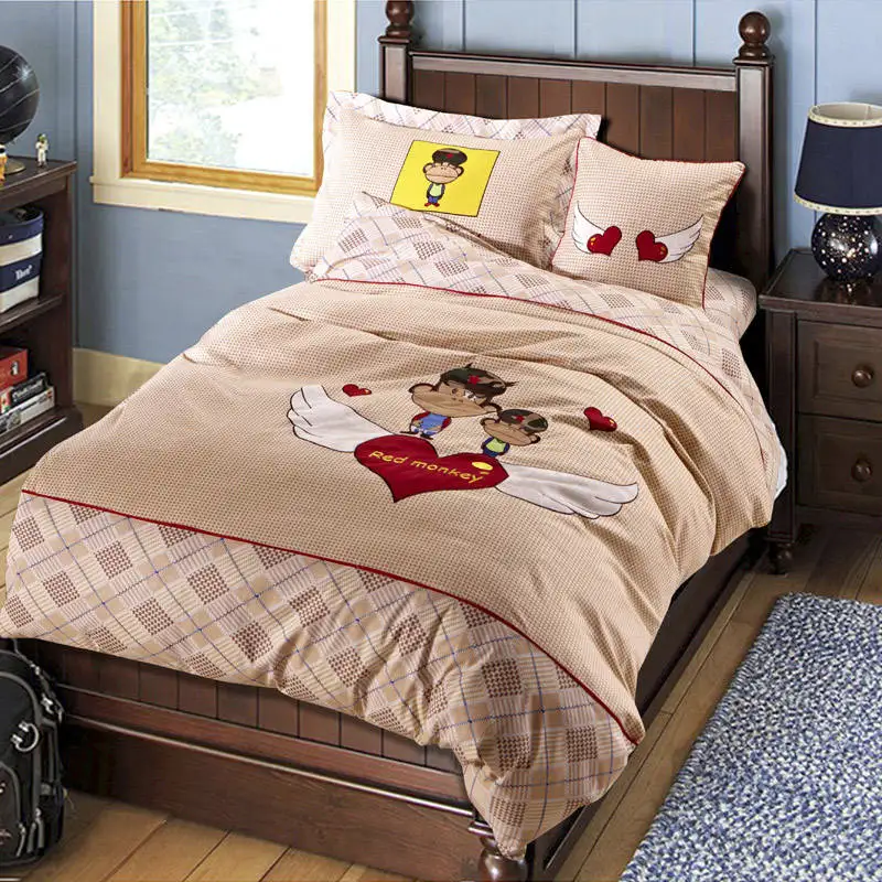 

Cartoon Monkey Angel Applique Embroidered Bedding Sets Twin Full Queen Size Duvet Covers Bedspreads Cotton Woven Children's Boys