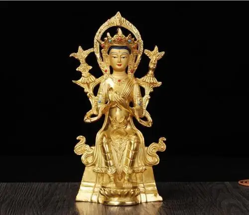 

8" Antique Tibetan copper gilt inlay gem hand painting Future Buddha statue