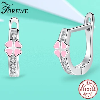 

FOREWE Pink Enamel Lucky Clover Heart Earrings with Crystal Zircon 925 Sterling Silver Stud Earrings for Girls Kids Jewelry Gift