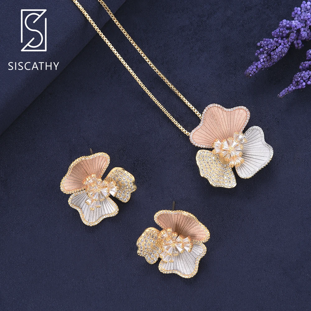 

SISCATHY Vivid jewelry necklace Stud Earrings Set Flower Shape AAA Cubic Zirconia Inlaid luxury brand jewelry women earrings set