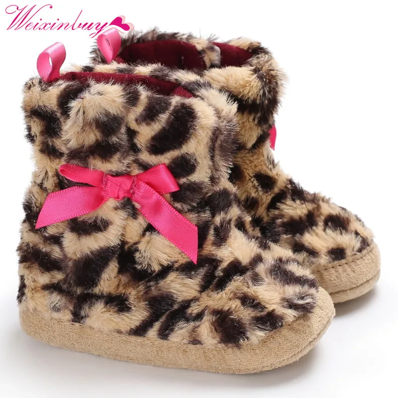 Детские ботинки; зимняя обувь; леопардовые милые Нескользящие Детские ботинки с бантом; Bebe; зимние ботинки для малышей