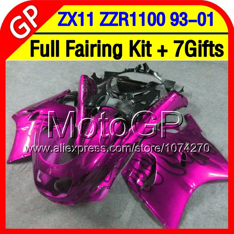 7gifts For KAWASAKI NINJA ZX11R 93-01 ZX11 94 95 Black flames 36P89 ZZR 1100 ZZR1100 96 97 98 99 00 01 Fairings Pink black | Автомобили и