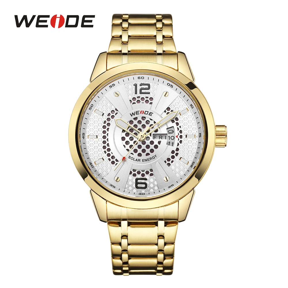 

WEIDE Business Casual Luxury Brand Solar Driving Energy Quart Movement Week Calendar Analog Display Gold Wristwatches for man