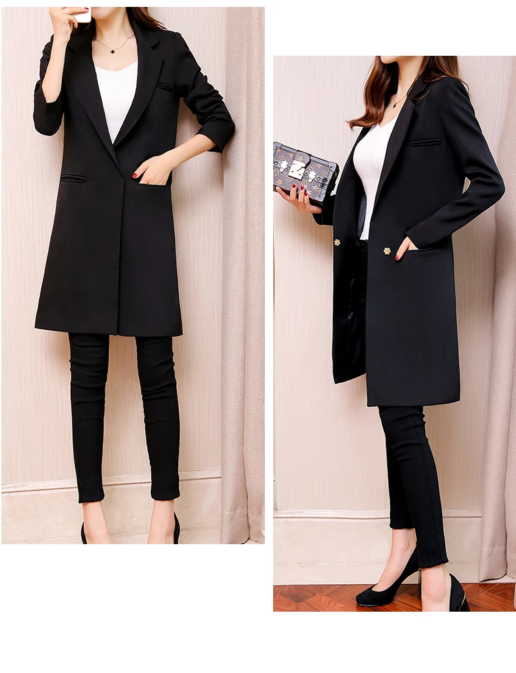 Для женщин осень тонкий пиджаки длинный пиджак женский работы Офисные женские туфли костюм черный темно-пряжка зубчатый пиджак пальто мода