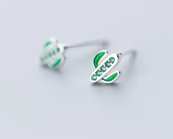 

1pair TINNY 100% Authentic 925 Sterling silver Green Zircon AAA+ Green cactus plant Stud Earrings Fine jEWELRY E2210