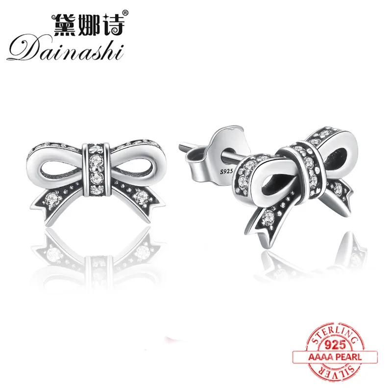 Женские серьги гвоздики с блестящим бантом Dainashi из 100% стерлингового серебра 925