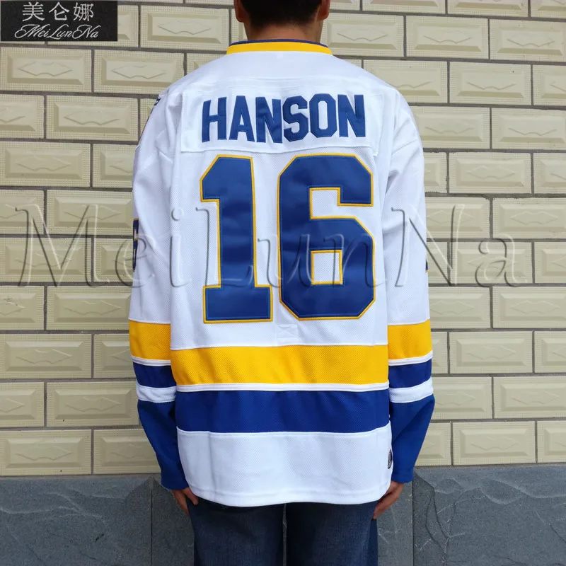 

MeiLunNa Slap Shot Charlestown Chiefs Hockey Jerseys #16 Jack Hanson Brothers Jersey White Blue