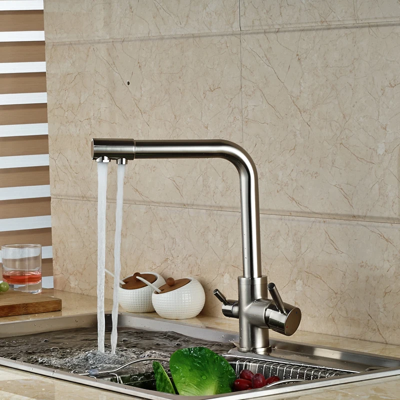 Brushed Nickel Dual Water Outlet Kitchen Sink Faucet Dual Handle Pure Water Mixer Taps Deck Mounted