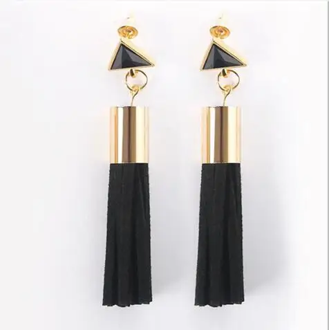 

e 1206 Alloy triangle drip vintage leather tassel earrings Europe and America exaggerated super temperament New jewelry accessor