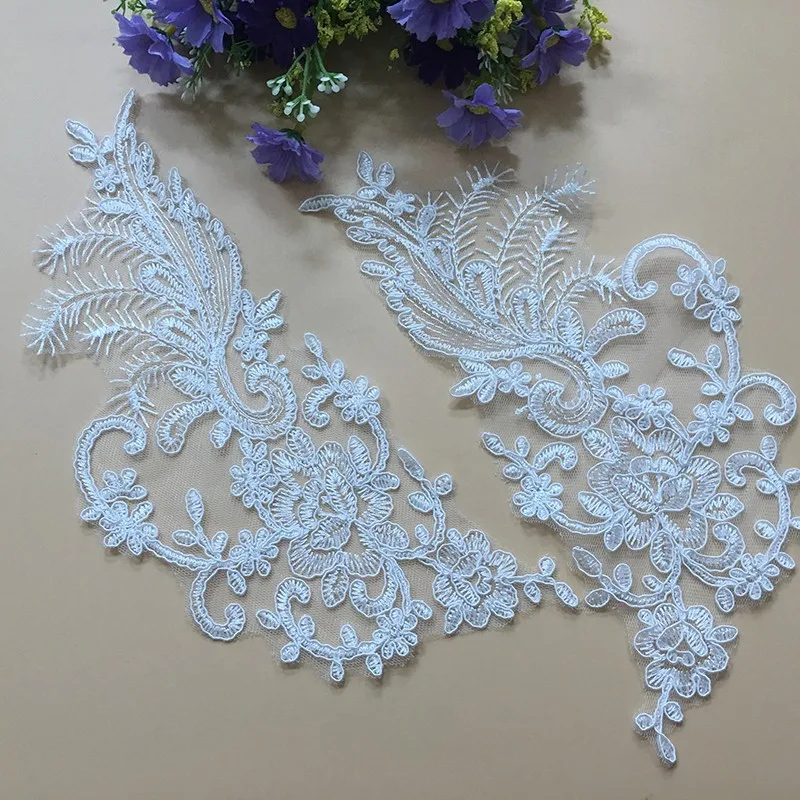 Blue Lace Applique Trim Bridal Lace Applique Floral Corded Wedding Motif 1 Pair