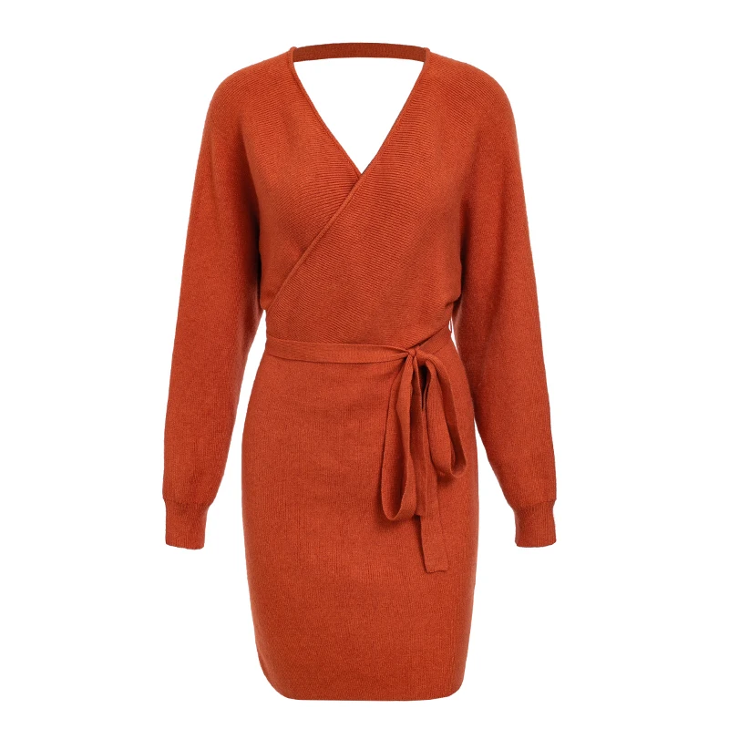 Женское осенне-зимнее женское платье Simplee, трикотажное винтажное облегающее сексуальное повседневное платье с запахом с V-образным вырезом, длинным рукавом и перфорацией - Цвет: Красный