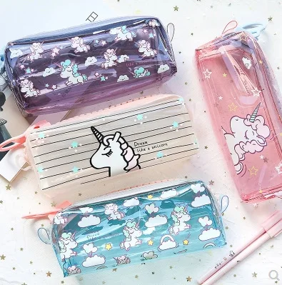 

Creative Big Zipper Pencil case Kawaii Unicorn Large Capacity Pencil Bag PVC Transparent Box Cute School Stationery Etui