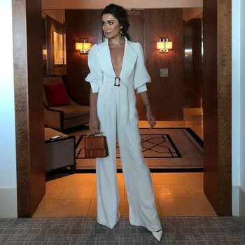

Women Jumpsuits 2019 Fashion Ladies Solid Rompers Party Clubwear Playsuits Wide Leg Half Sleeve Sashes Jumpsuit Long Trousers