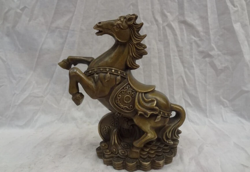 

song voge gem S2858 9" Folk Chinese Bronze Animals FengShui YuanBao Up Jump Horse On Coin Statue