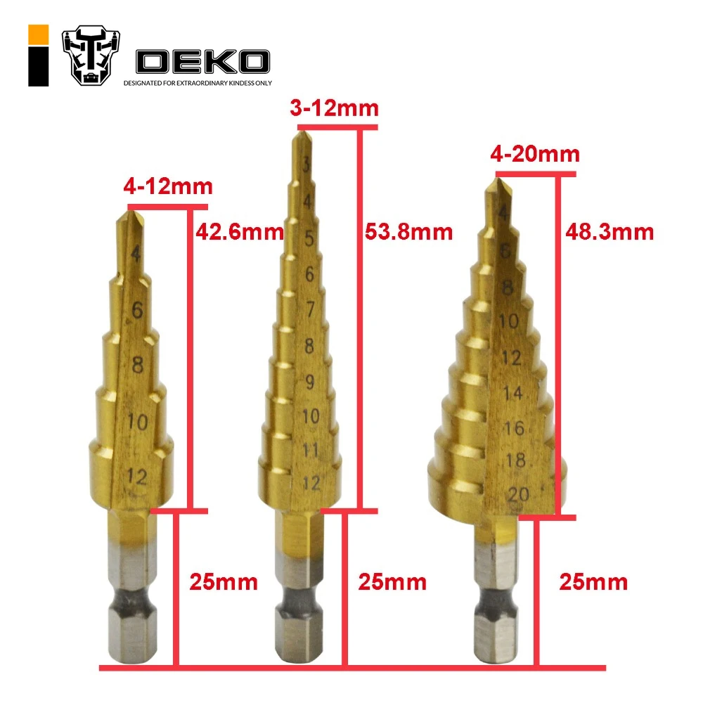 DEKO 3pcs 1/4&quot HSS Titanium Step Drills 4-12mm 4-20mm 3-12mm Cone Drill Power Tools Bits Set | Инструменты