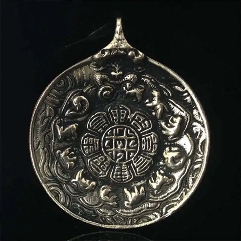 

TBP074 Tibet Brass Old Golden Antiqued Waist Tag Lotus Bagua Tibetan Amulet for Man Collections