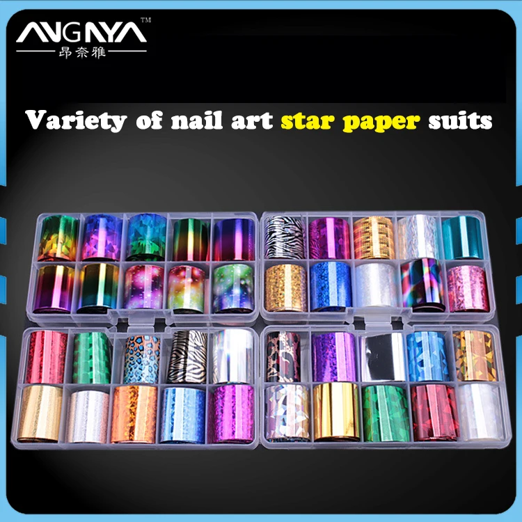 

ANGNYA 1 Box Holographic Nail Foil Set 2.5*100cm Laser Starry Transparent Color Transfer Nail Sticker Nails Foils Nail Art Kits