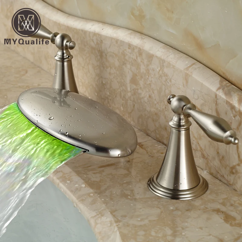 

Luxury LED 3 Color Changing Bathroom Basin Faucet Brushed Nickel Waterfall Spout Lavatory Sink Mixer Taps