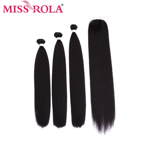 Bundles com Lace Extensão do Cabelo Yaki em Linha Reta com Fechamento Trama do Cabelo Senhorita Rola Sintético Cabelo Encerramento Duplo Weave 16- 20 Polegadas