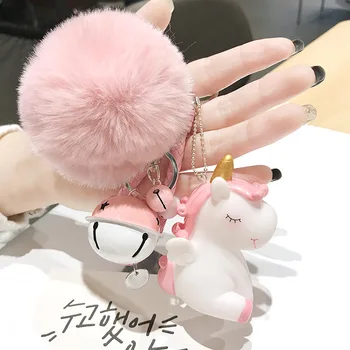 

Cute Plush Pompom Unicorn Keychain Round Ball Pom Pom Faux Rabbit Fur Key Chain Trinket Car Bag Bell Key Ring Gift Porte Clef