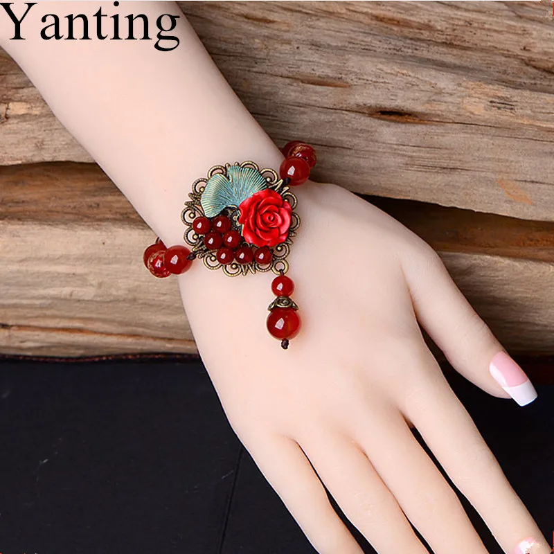 

Yanting Vintage Palace Red Stone Bracelet Jewelry Handmade Cinnabar Flower Copper Alloy Bracelets For Women Girls Female 056