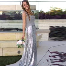 Изготовленная на заказ Серебряная юбка с пайетками Длина до пола полная длина юбка русалки персонализированные вечерние юбки подружки невесты для женщин