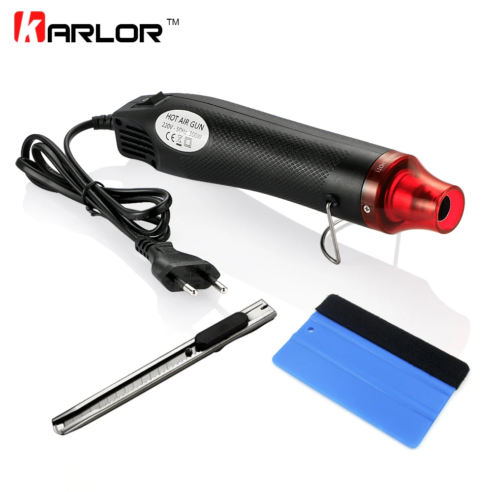 Online 3 unids set 220V 300W pistola de calor de aire caliente eléctrica enchufe de la UE + rascador de coche exprimidor + cortador de vinilo cuchillo Auto coche película de vinilo herramientas de embalaje