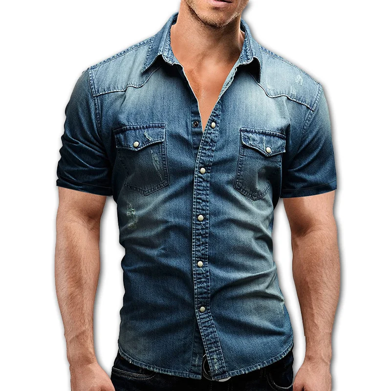short sleeve shirt men cotton Slim Short sleeve Denim Shirts Casual Solid Color High quality Men's shirt summer top blue 3XL