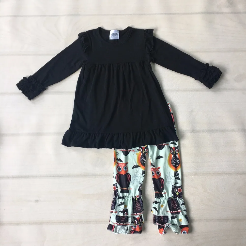 

CONICE NINI Black Elegant Girls Icing Ruffle Long Sleeve Dress Owl Pattern Triple Pants Kids Boutique Outfits Baby Clothes F203